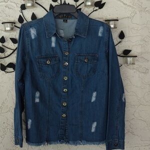 Taxi blue denim long sleeve distressed button front shirt Junior medium nwt